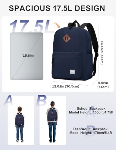 VASCHY Lightweight Backpack for School, Classic Basic Water Resistant Casual Daypack for Travel with Bottle Side Pockets (Navy) - color: Navy Blue