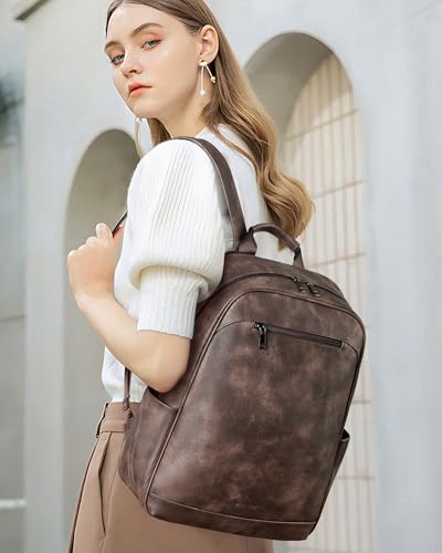 MASINTOR 15.6 inch Leather Laptop Backpack Purse for Women, Designer Travel and Work Bag with Laptop Compartment Retro Coffee - color: Retro Coffee