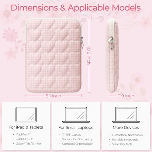 11-12 inch Cotton Quilted Laptop Sleeve for Women, Aesthetic Puffy Laptop Case Carrying Bag Compatible with MacBook Air 11.6“/iPad, Soft Computer Liner Bag (Pink Gingham, 11.6 inch) - color: Pink Gingham, size: 11.6 inch