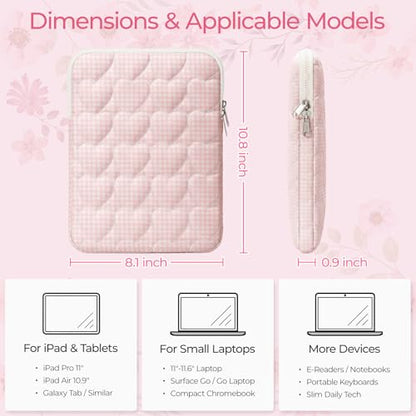 11-12 inch Cotton Quilted Laptop Sleeve for Women, Aesthetic Puffy Laptop Case Carrying Bag Compatible with MacBook Air 11.6“/iPad, Soft Computer Liner Bag (Pink Gingham, 11.6 inch) - color: Pink Gingham, size: 11.6 inch