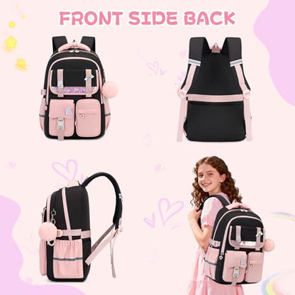 MUSEVOS Girls Backpack, Kids Backpack for Girls, School Bookbag for Teens Age 6-15, Large Capacity Water Resistant Backpack for Elementary to High School, Cute Travel Daypack, Black Pink - color: Black Pink