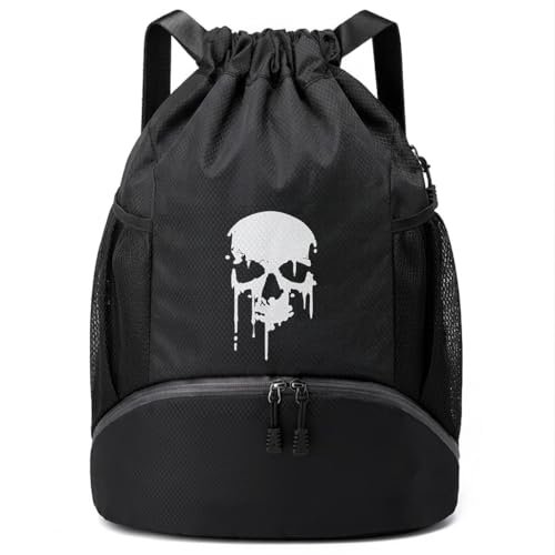 FOECBIR Drawstring Sports Backpack with Shoe Compartment, Large Capacity Basketball Bag & Side Mesh Pockets, Water Resistant for Gym Workout Travel String Backpack for Men(Skull) - color: skull