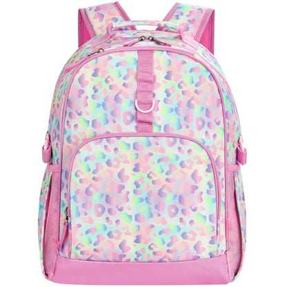 Choco Mocha Kids Backpack for Girls Cheetah Backpack Kids Elementary School Backpack for Girls Ages 6-8 Kid Bookbag 17 Inch with Chest Strap, Pink Purple - color: Cheetah Pink Purple
