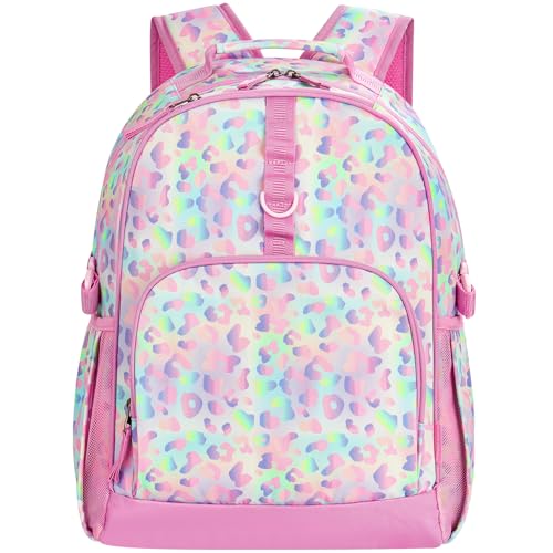 Choco Mocha Kids Backpack for Girls Cheetah Backpack Kids Elementary School Backpack for Girls Ages 6-8 Kid Bookbag 17 Inch with Chest Strap, Pink Purple - color: Cheetah Pink Purple