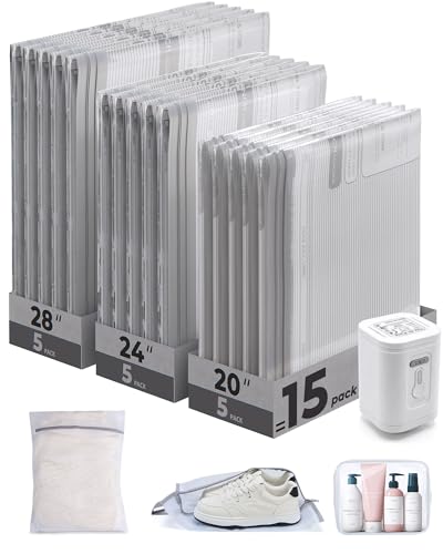 BAGSMART Vacuum Bags for Travel with Rechargeable Air Pump, Portable Space Saver Bags for Travel & Home, Vacuum Compression Seal Bag for Clothing, 18 Pack Gray with Shoe, Laundry & Toiletry Bags - color: Gray, size: 18 Pcs Travel Sets