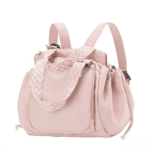 Tote Bag Large Capacity Lightweight Backpack with 15 Pockets Nylon Shoulder Bag for Car Travel Mother Bag - color: Pink