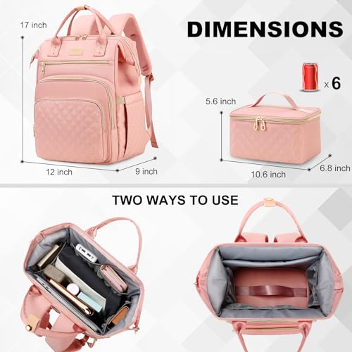 AIJIEKE Lunch Backpack for Women, 15.6 Inch Laptop Backpack with Detachable Insulated Cooler Lunch Box, 2-in-1 Water Resistant Work Computer Bag for Nurse Teacher College Commute, Pink - color: Pink
