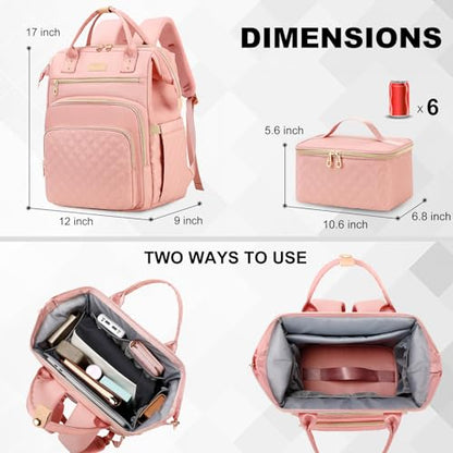 AIJIEKE Lunch Backpack for Women, 15.6 Inch Laptop Backpack with Detachable Insulated Cooler Lunch Box, 2-in-1 Water Resistant Work Computer Bag for Nurse Teacher College Commute, Pink - color: Pink