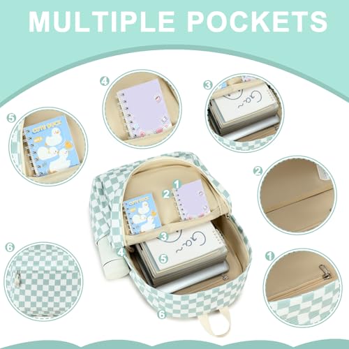 Bluboon School Backpack Set Girls Womens Laptop Bookbag Casual Daypack Fits 15 inch Laptop with Lunch Tote Bag and Pencil Bag - color: Mint Green White Checkered
