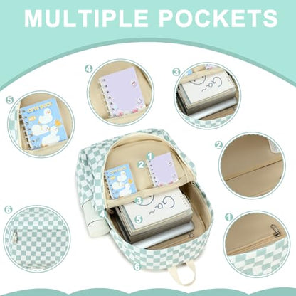 Bluboon School Backpack Set Girls Womens Laptop Bookbag Casual Daypack Fits 15 inch Laptop with Lunch Tote Bag and Pencil Bag - color: Mint Green White Checkered