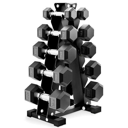 BalanceFrom Rubber Coated Hex Dumbbell Weight Set with Storage Rack, 100LB or 150LB or 200LB Set, 5-20 lbs or 5-25 lbs or 10-30 lbs Pairs - style: 150LB Set with Rack