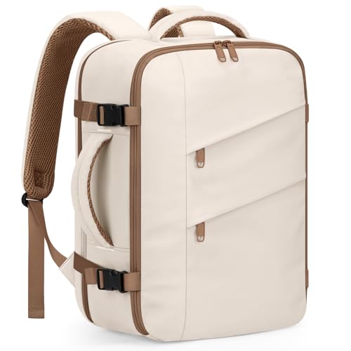 Capolo Travel Backpack for Women Men Flight Approved Laptop Backpack Waterproof Carry On Backpack Overnight Weekender Travel Bag for Traveling, Business, Work Fits 17.3'' Laptop(Beige&Brown Zip,Large) - color: Beige With Brown Zipper, size: Large