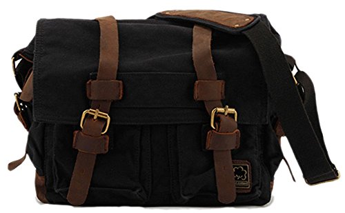 Sechunk Vintage Military Leather Canvas Laptop Bag Messenger Bags Medium - color: Black, size: Medium--15‘’