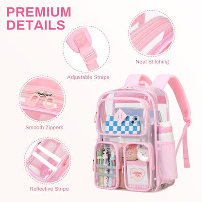 Clear Backpacks for School Heavy Duty Clear Bookbag Stadium Events Transparent Back Pack Kids, Pink - color: Pink