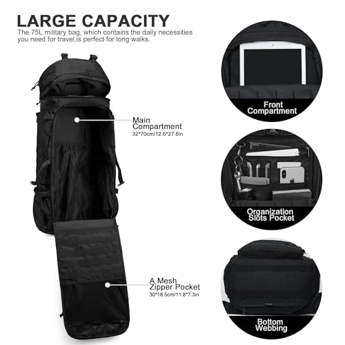 Mardingtop 75L Molle Hiking Internal Frame Backpacks with Rain Cover for Camping,Backpacking,Travelling(Black)