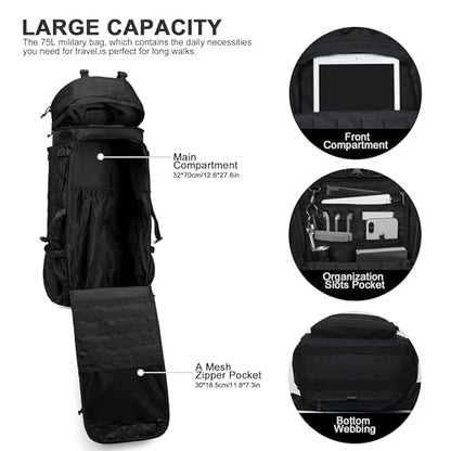 Mardingtop 75L Molle Hiking Internal Frame Backpacks with Rain Cover for Camping,Backpacking,Travelling(Black)