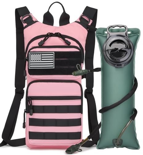 Insulated Water Hydration Pack Bag with 3L TPU Bladder Tactical Molle Hydration Backpack for Hiking Cycling Running - color: Light Pink
