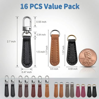 ZJO Detachable Leather Zipper Pull Replacement Kit, 16 Pieces, Universal Repair Tabs for Luggage, Backpacks, Jackets, Purses, Black, Brown, White