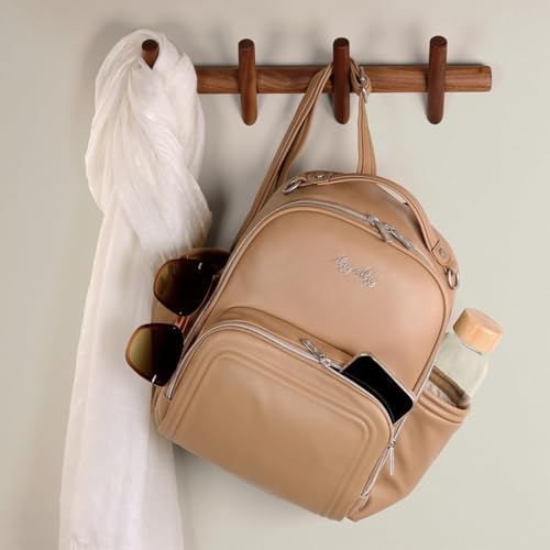 Itzy Ritzy Mini Diaper Bag Backpack – Chic, Compact Mini Plus Backpack with Changing Pad, 10 Pockets (6 Internal, 4 External), Grab-Top Handle & Rubber Feet (Chai) - color: Chai - Plus