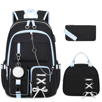 Backpacks for Girls, Girls Backpack with Lunch Box and Pencil Case for Teen Kids Elementary Middle High School College Student, Children Backpack Bookbag with USB Charging Port (Black Blue with Chain) - color: Black & Blue With Chain