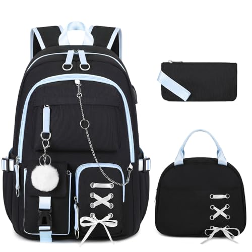 Backpacks for Girls, Girls Backpack with Lunch Box and Pencil Case for Teen Kids Elementary Middle High School College Student, Children Backpack Bookbag with USB Charging Port (Black Blue with Chain) - color: Black & Blue With Chain