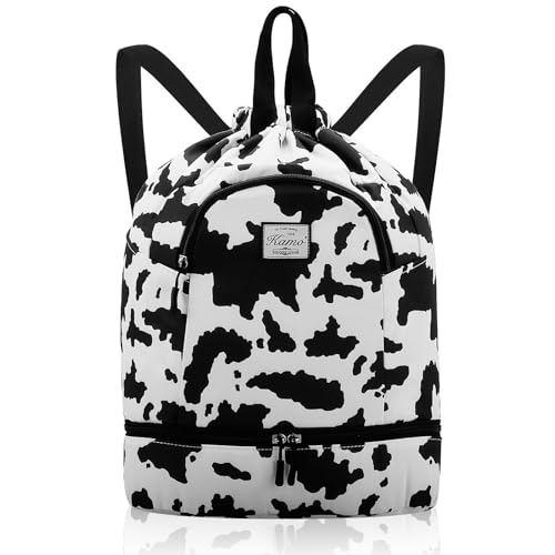 Kamo Drawstring Backpack Bag - Sport Swimming Yoga Backpack with Shoe Compartment, Two Water Bottle Holder for Men Women Large String Backpack Athletic Sackpack for Travel - color: Cow Print