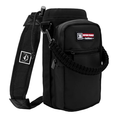 NATURE PIONEOR Water Bottle Holder with Adjustable Strap - 26/32/36/40/46/64oz Insulated Water Bottle Sling Carrier with Paracord Handle & 2 Pockets, Outdoor Sports, Hiking, Camping, Gym - color: Black, size: 32-36oz