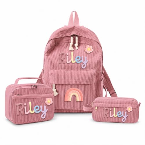 Dyoart Personalized Kids Backpack and Lunchbag Toddler Back to School Kit Custom Name Lunchbox Bag Birthday Gift for Girls Boys Corduroy Toddler Backpack Kid Tote Bag Set