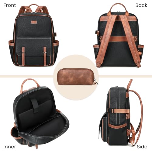 Vegan Leather Laptop Backpack for Women Designer 15.6 Inch PU Laptop Bag, Ladies Travel Computer Work Backpack - color: Black Brown