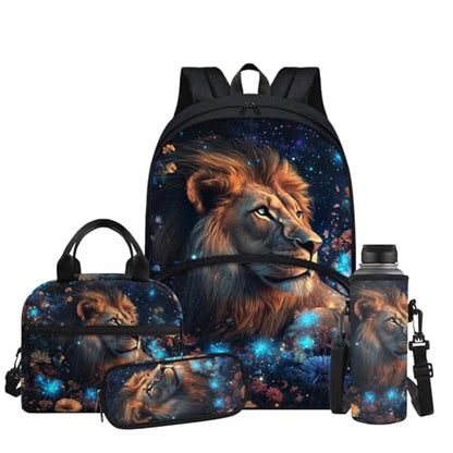 Aesthetic Lion Backpack for Kids Girls Backpack with Lunch Box Water Bottle Holder and Soft Pencil Pouch 4Pcs Set 17" Bookbag with Large Front Pocket for School Sturdy Elementary School Bag - color: Aesthetic Lion-1