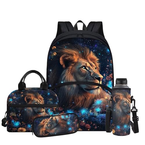 Aesthetic Lion Backpack for Kids Girls Backpack with Lunch Box Water Bottle Holder and Soft Pencil Pouch 4Pcs Set 17" Bookbag with Large Front Pocket for School Sturdy Elementary School Bag - color: Aesthetic Lion-1