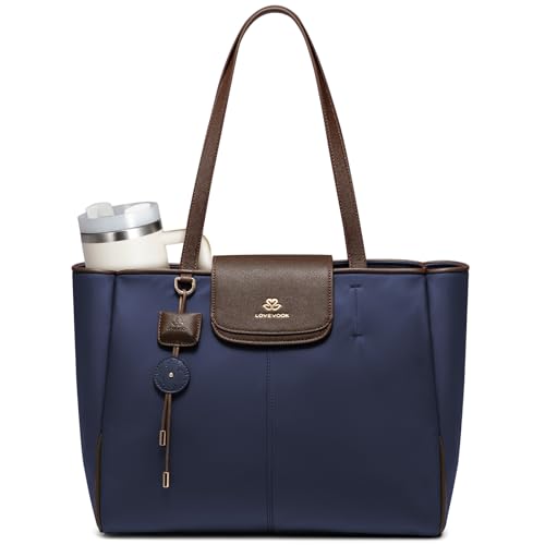 LOVEVOOK Laptop Tote Bag for Women,Nylon Work Totes with 15.6 Inch Laptop Compartments, Lightweight Fashion Purse with Large Cup Holder,Travel Tote with Luggage Straps - color: Dark Blue-brown, size: 15.6 Inch