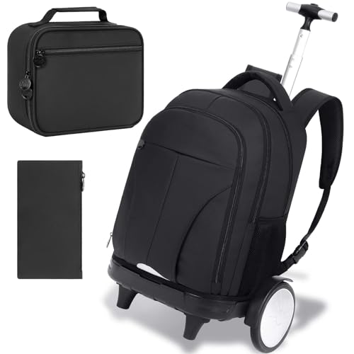 AGSDON Quiet Glide Rolling Backpack with Lunch Box Set - Large Wheel Water-Resistant Wheeled Bag for Business, Travel, and College | Black 3-in-1 Organizer Backpack - color: Reflective Black - Rolling Backpack