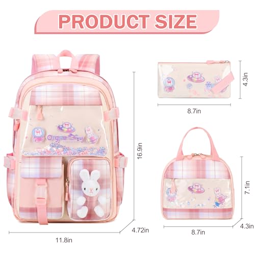 FIXITOK Girls Backpack Set, 3PCS Kids Backpack for Girls, Kawaii Bunny School Backpacks for Girl Kindergarten Elementary Preschool Middle School Bags with Lunch Box Pencil Case Pink-Plaid - color: Pink-plaid
