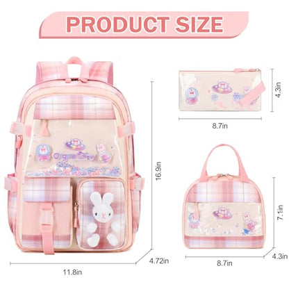 FIXITOK Girls Backpack Set, 3PCS Kids Backpack for Girls, Kawaii Bunny School Backpacks for Girl Kindergarten Elementary Preschool Middle School Bags with Lunch Box Pencil Case Pink-Plaid - color: Pink-plaid