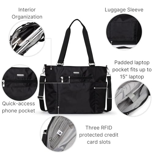 Baggallini Essential Laptop Tote - Work Tote Bag with Laptop Sleeve - Lightweight Travel Crossbody Shoulder Bag for Women - color: Black