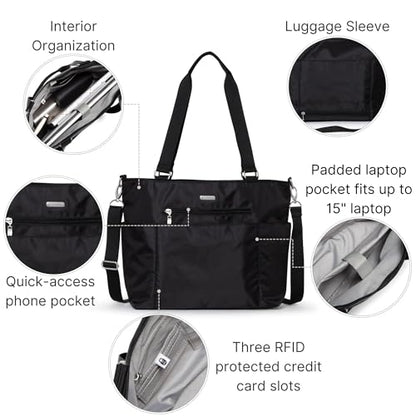 Baggallini Essential Laptop Tote - Work Tote Bag with Laptop Sleeve - Lightweight Travel Crossbody Shoulder Bag for Women - color: Black