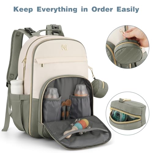 MOMUVO Diaper Bag Backpack, Quilted Baby Bag with Changing Pad & Stroller Straps & Pacifier Case, Large Travel Diaper Bags for Mom Dad, Green Beige - color: Green Beige