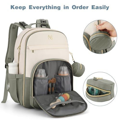 MOMUVO Diaper Bag Backpack, Quilted Baby Bag with Changing Pad & Stroller Straps & Pacifier Case, Large Travel Diaper Bags for Mom Dad, Green Beige - color: Green Beige