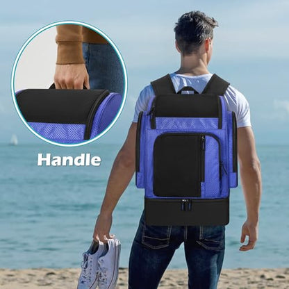 Fasrom Mesh Beach Backpack with Insulated Cooler Compartment, Wet Dry Separation Beach Bag, Large Capacity Tote for Swim - color: Blue