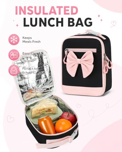 CAMTOP Girls Backpack with Lunch Box & Pencil Case Set, School Backpack for Girls with Large Water Bottle Holder Straps, Waterproof Kids Backpack, Cute Bookbag for Elementary School & Travel - color: Black Pink