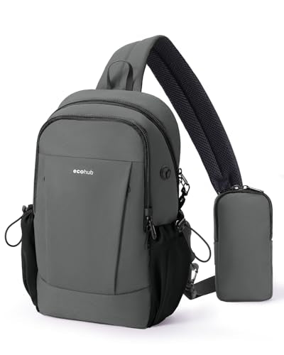 ECOHUB Anti-Theft Crossbody Bag Men Women, RFID Blocking Lightweight Sling Backpack Eco-Friendly with 9 Pockets Sturdy SBS Zippers Water Resistant for Travel Work Hiking Outdoor, Grey - color: Grey, size: Medium