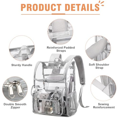 DIGOBAY Clear Backpack with Lunch Bag Set, Leather Clear Backpack Heavy Duty Thick PVC Bookbag Large See Through Transparent Backpacks with Support Pad for College Travel Workplace Security Gray - color: Grey