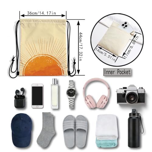 Sunshine Drawstring Backpack with Dual-Sided Print, Adjustable Cord & Inner Zipper Pocket - Reusable Gym Beach Drawstring Bag for Men Women