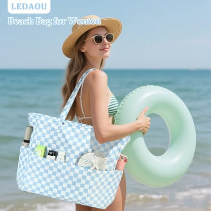 LEDAOU Beach Bag Waterproof Sandproof Women Beach Tote Pool Bag with Zipper for Swim Gym Grocery Travel with Wet Pocket | Sandproof - color: Checkered-blue