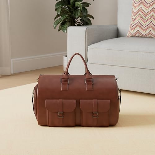 seyfocnia Convertible Travel Garment Bag,Carry on Garment Duffel Bag for Men Women - 2 in 1 Hanging Suitcase Suit Business Travel Bag - color: Brown-2pockets-Leather