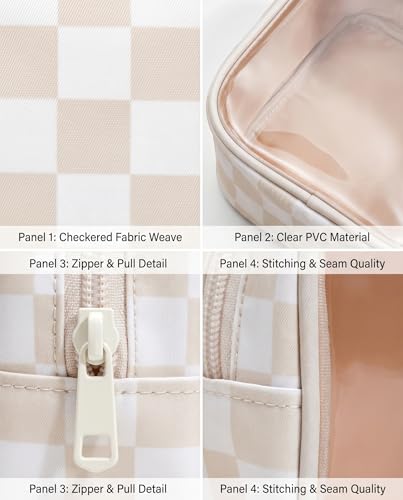 Clear Checkered Makeup Bag, Small Cosmetic Pouch with Zipper Mini Waterproof Makeup Purse Organizer Cute Cosmetic Bag Travel TSA Approved Toiletry Bag Car Organizer for Women Girls (Beige) - color: Beige