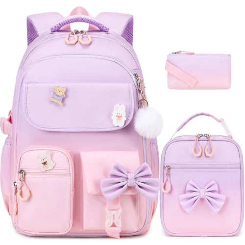 ACESAK Girls Backpack - 3PCS Backpack for Girls Cute School Backpacks for Girl Kindergarten Elementary Preschool Middle Kids School Bags with Lunch Box Pencil Case Set (Purple Pink) - color: Purple Pink