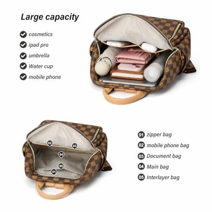 Makes Mini Backpack for Women, Stylish Daypack Purse Handbag Small Casual Daily Travel Bag, Lady Girls Gifts for Work School, 2pcs Sets - color: Checkered Coffee