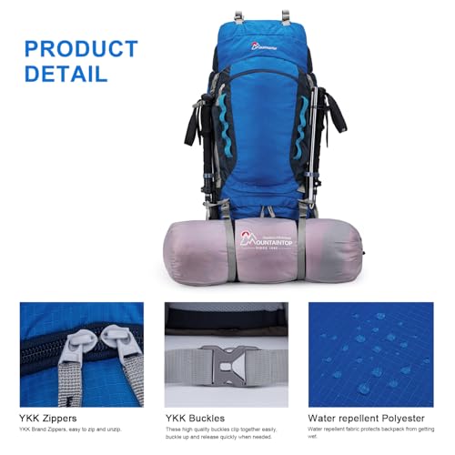 MOUNTAINTOP 80L Internal Frame Backpack for Man & Women Backpacking Hiking Backpack with Rain Cover - color: Blue-80l